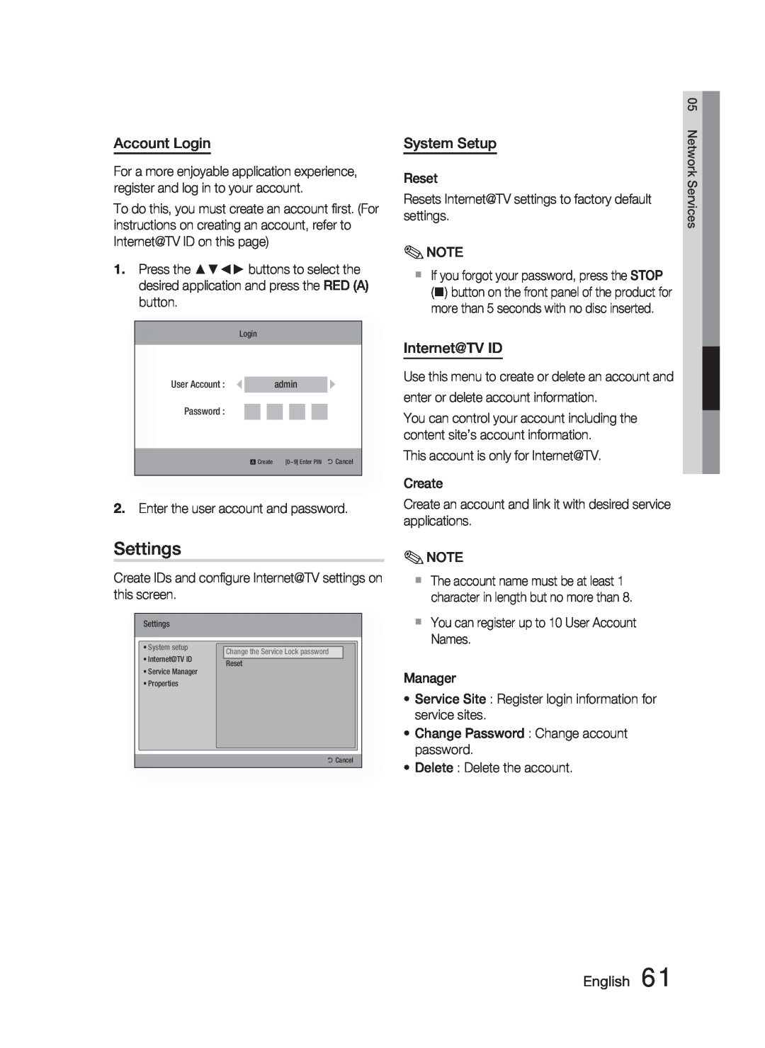 Samsung AH68-02279R user manual Settings, Account Login, System Setup, Internet@TV ID, English 