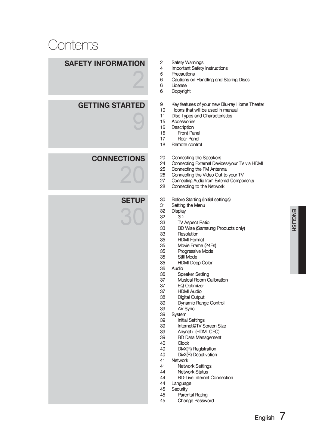Samsung AH68-02279R user manual Contents, Getting Started, Connections, Setup, Safety Information, English 