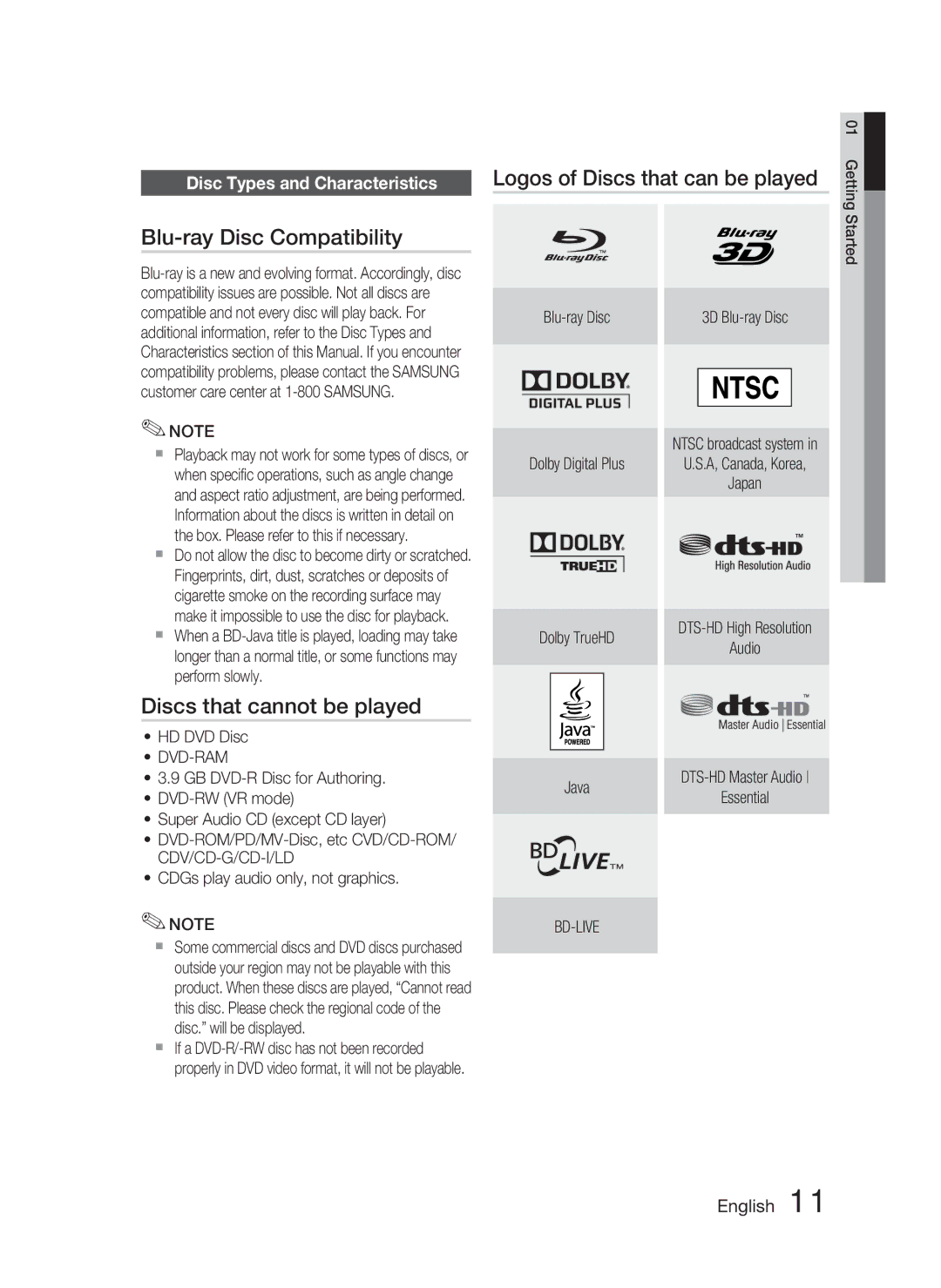 Samsung AH68-02279Y Blu-ray Disc Compatibility, Discs that cannot be played, Disc Types and Characteristics, Dvd-Ram 