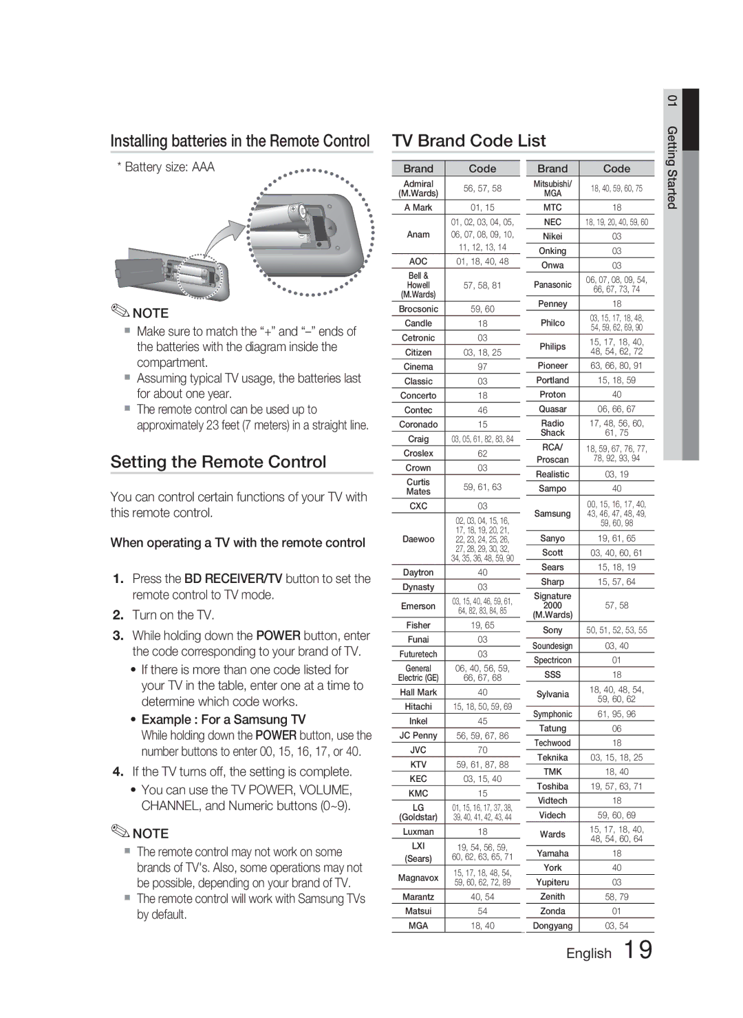 Samsung AH68-02279Y TV Brand Code List, Setting the Remote Control, If the TV turns off, the setting is complete 