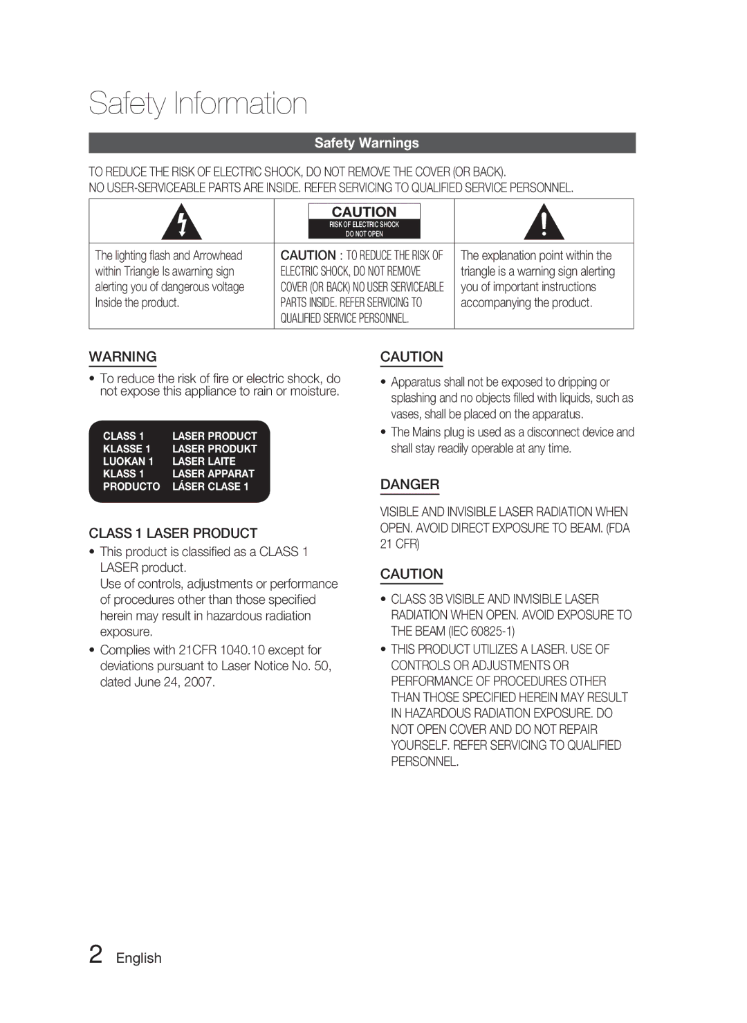 Samsung AH68-02279Y user manual Safety Information, Safety Warnings, English 