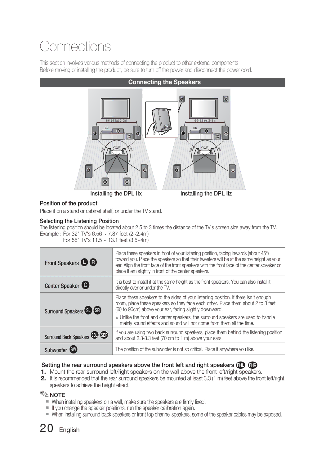 Samsung AH68-02279Y user manual Connections, Connecting the Speakers 