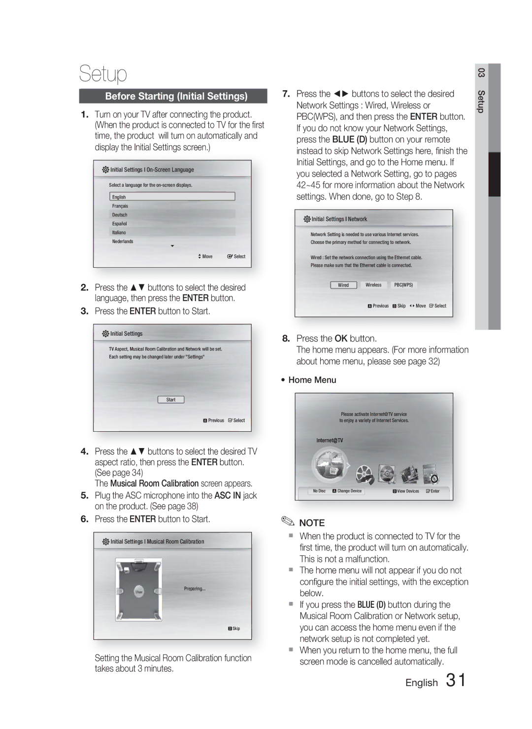 Samsung AH68-02279Y user manual Setup, Before Starting Initial Settings 