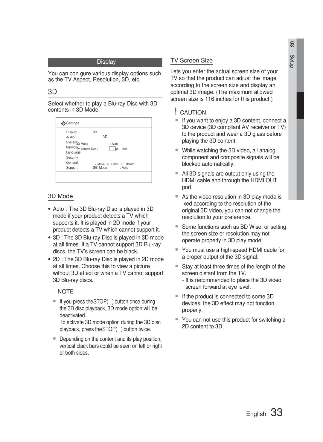 Samsung AH68-02279Y user manual Display, 3D Mode, TV Screen Size 