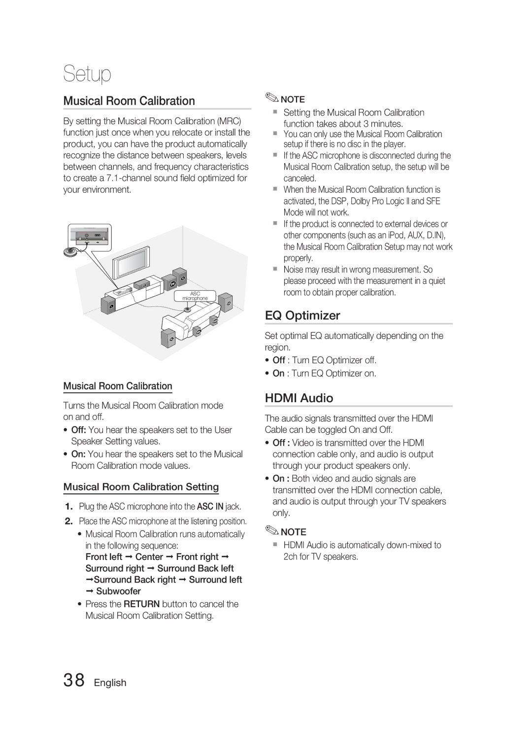 Samsung AH68-02279Y user manual EQ Optimizer, Hdmi Audio, Musical Room Calibration Setting 