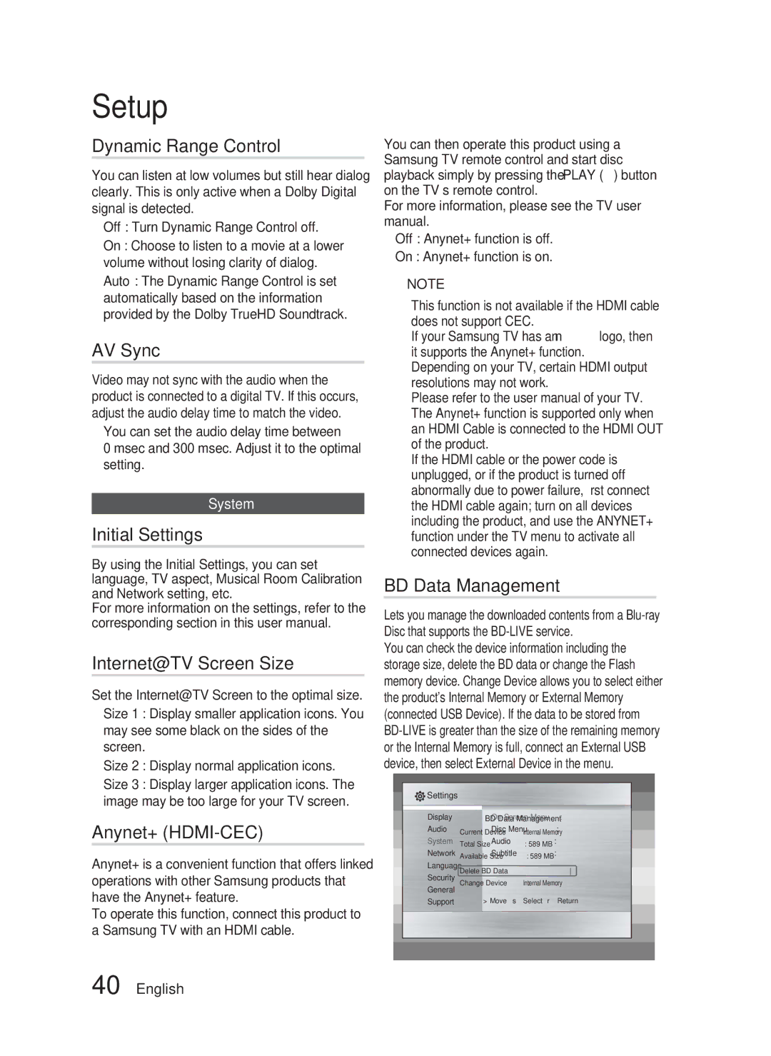 Samsung AH68-02279Y user manual Dynamic Range Control, AV Sync, Initial Settings, Internet@TV Screen Size, Anynet+ HDMI-CEC 