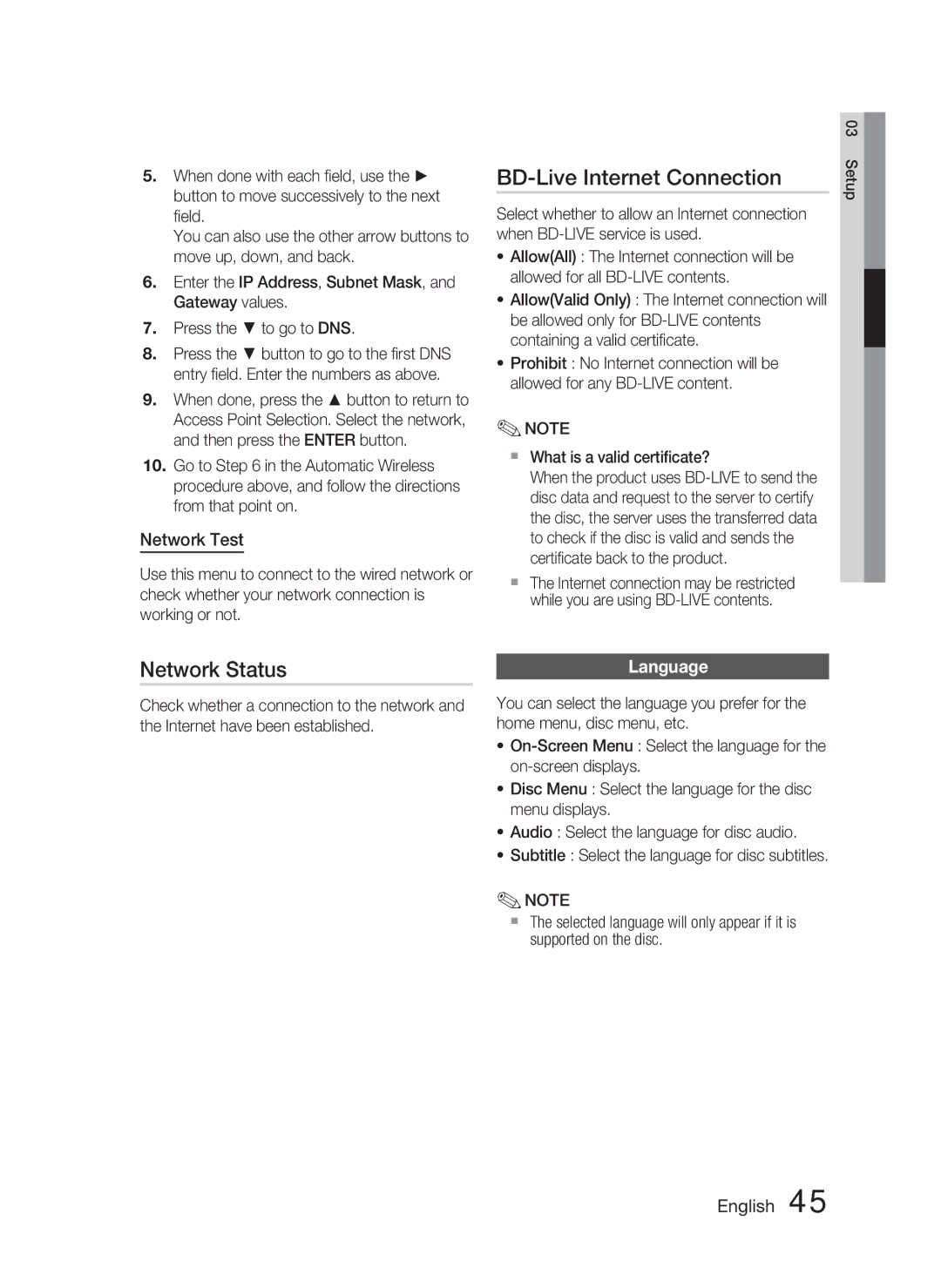 Samsung AH68-02279Y user manual BD-Live Internet Connection, Network Status, Network Test, Language 