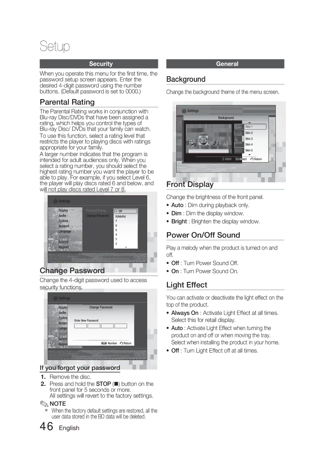 Samsung AH68-02279Y Parental Rating, Change Password, Background, Front Display, Power On/Off Sound, Light Effect 