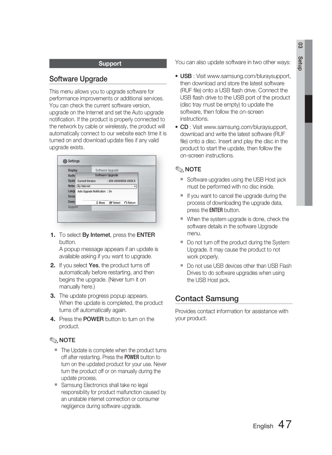 Samsung AH68-02279Y user manual Software Upgrade, Contact Samsung, Support, To select By Internet, press the Enter button 