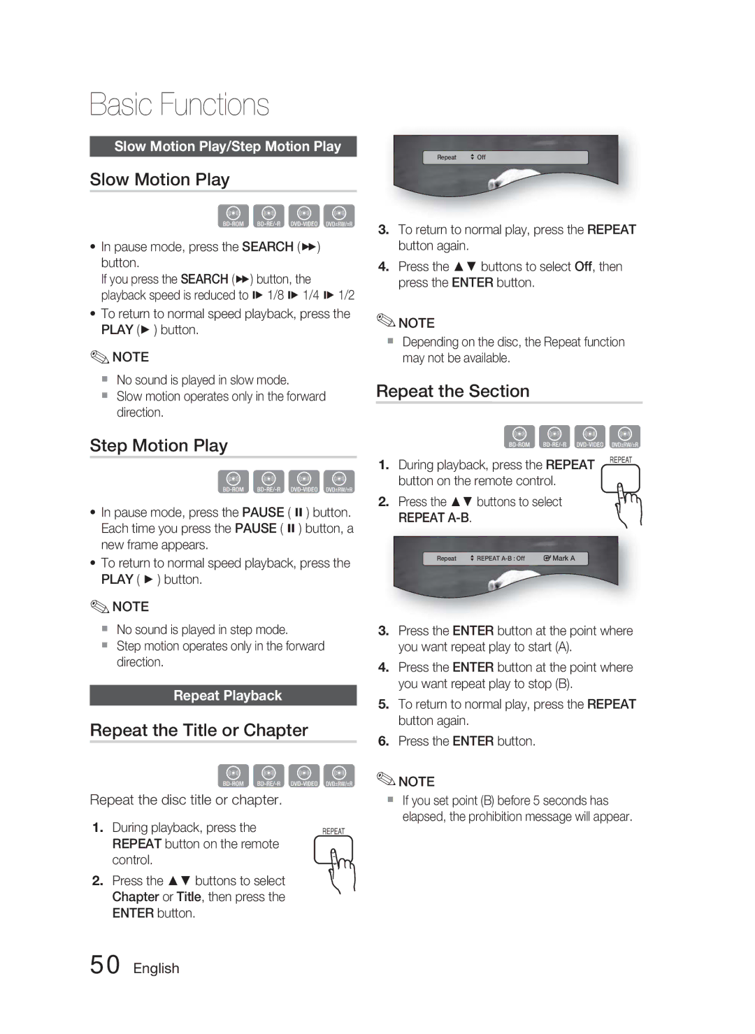 Samsung AH68-02279Y user manual Slow Motion Play, Step Motion Play, Repeat the Title or Chapter, Repeat the Section 