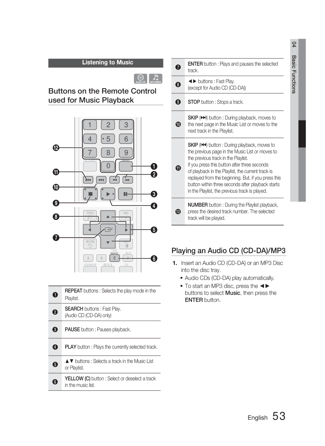 Samsung AH68-02279Y user manual Buttons on the Remote Control used for Music Playback, Playing an Audio CD CD-DA/MP3 