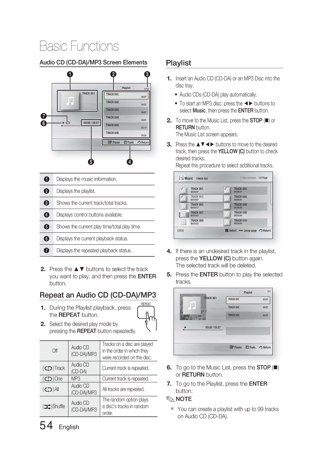 Samsung AH68-02279Y user manual Repeat an Audio CD CD-DA/MP3, Playlist, Audio CD CD-DA/MP3 Screen Elements, Cd-Da 