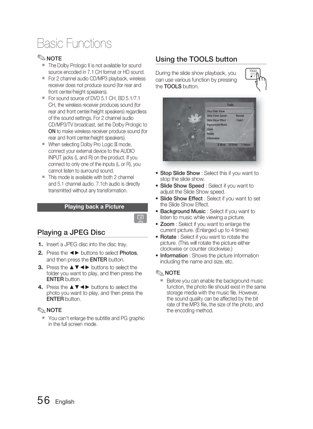 Samsung AH68-02279Y user manual Playing a Jpeg Disc, Using the Tools button, Playing back a Picture 