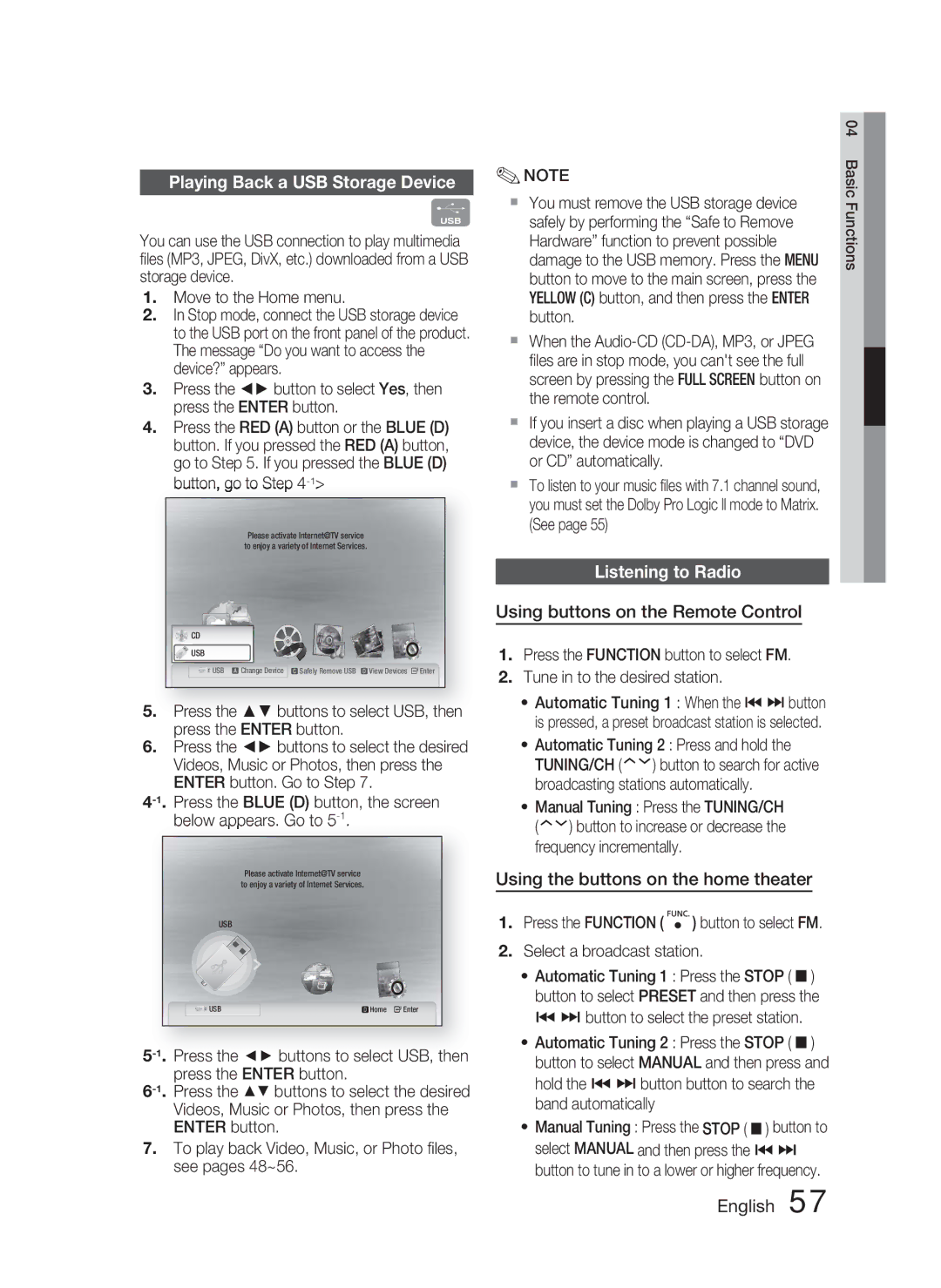 Samsung AH68-02279Y user manual Playing Back a USB Storage Device, Listening to Radio, Using buttons on the Remote Control 