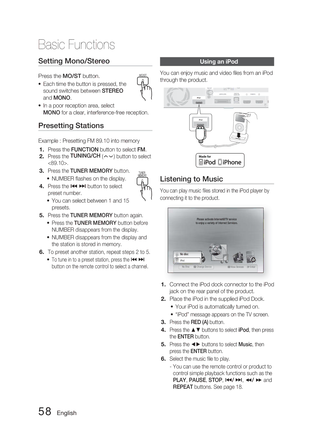 Samsung AH68-02279Y user manual Setting Mono/Stereo, Presetting Stations, Listening to Music, Using an iPod 