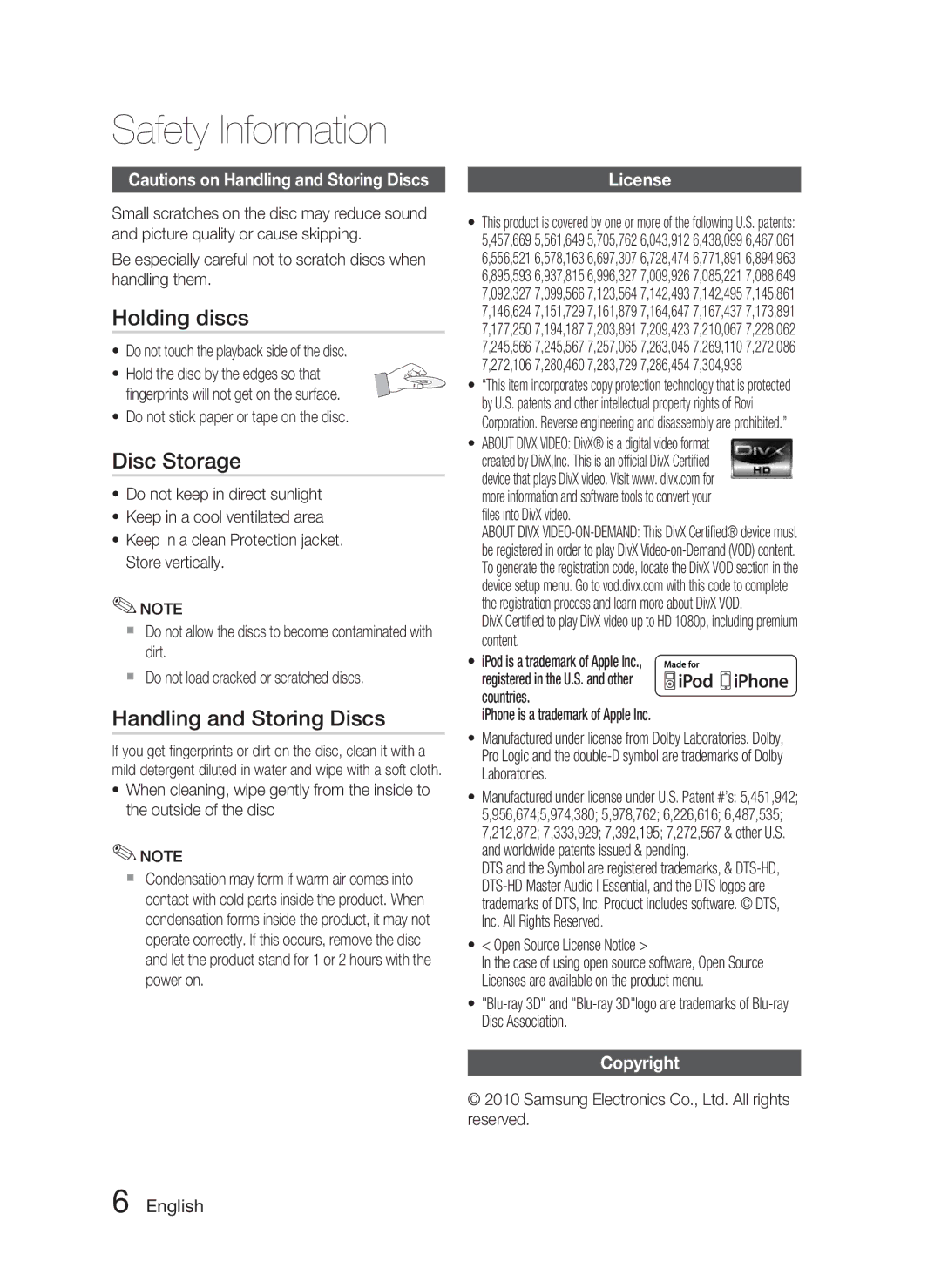 Samsung AH68-02279Y user manual Holding discs, Disc Storage, Handling and Storing Discs, License, Copyright 