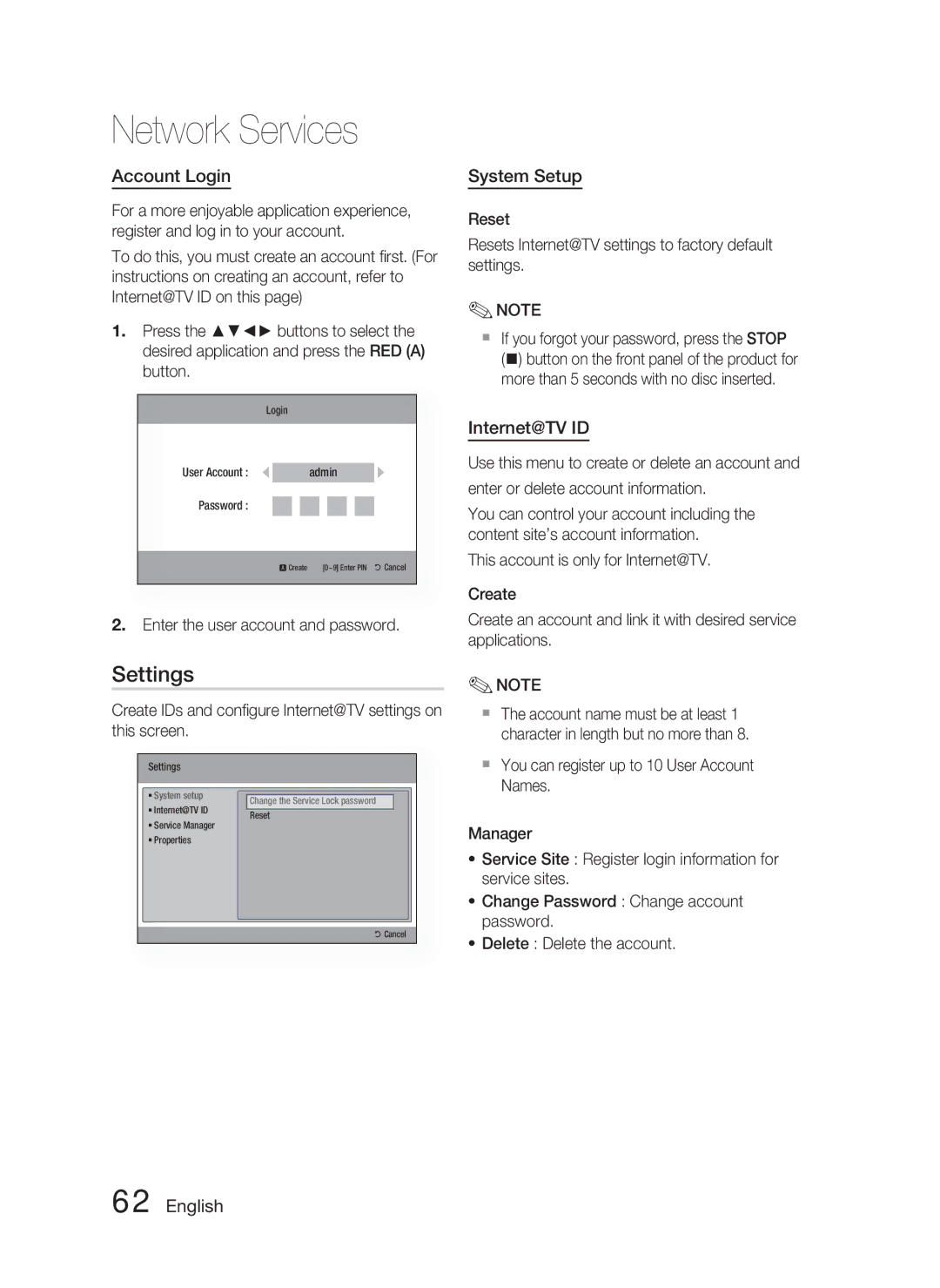 Samsung AH68-02279Y user manual Settings, Account Login, System Setup, Internet@TV ID 