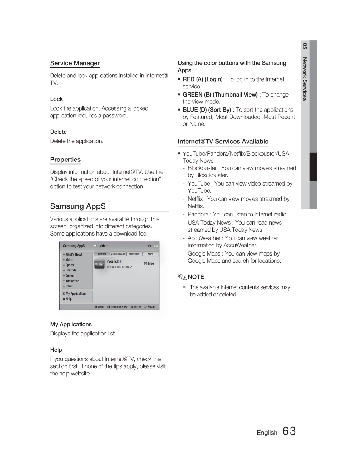 Samsung AH68-02279Y user manual Samsung AppS, Service Manager, Properties, Internet@TV Services Available 