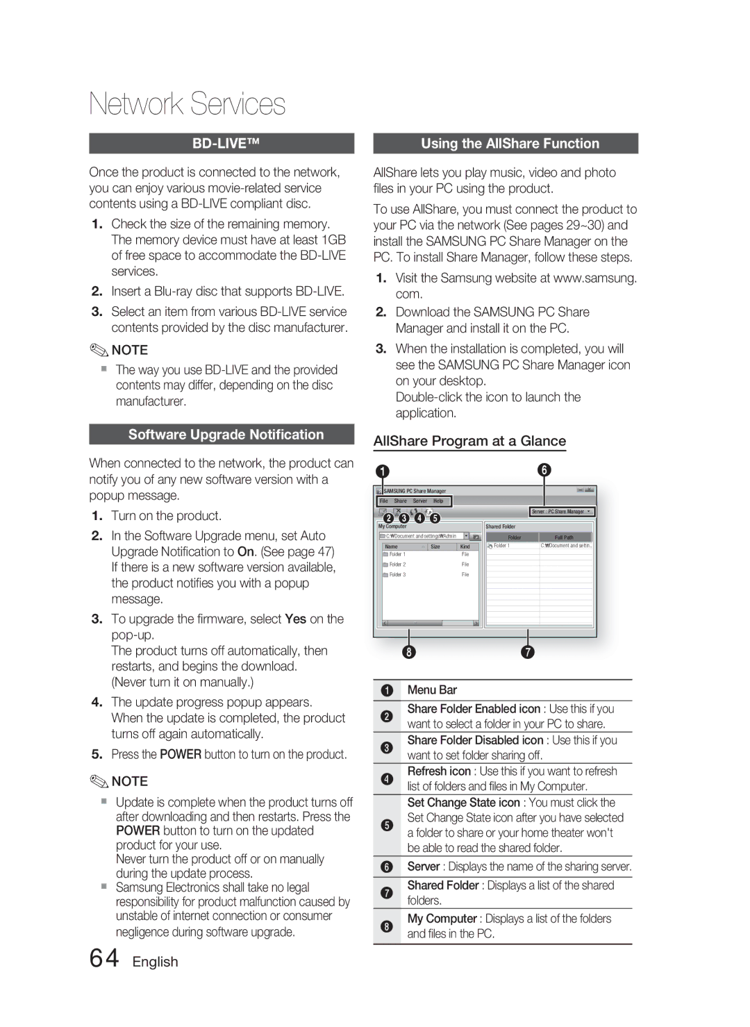 Samsung AH68-02279Y user manual Software Upgrade Notiﬁcation, AllShare Program at a Glance, Menu Bar 