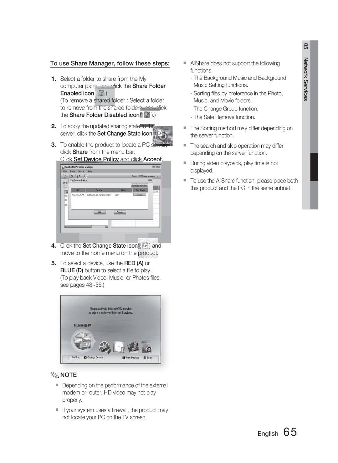 Samsung AH68-02279Y To use Share Manager, follow these steps, Functions, During video playback, play time is not displayed 