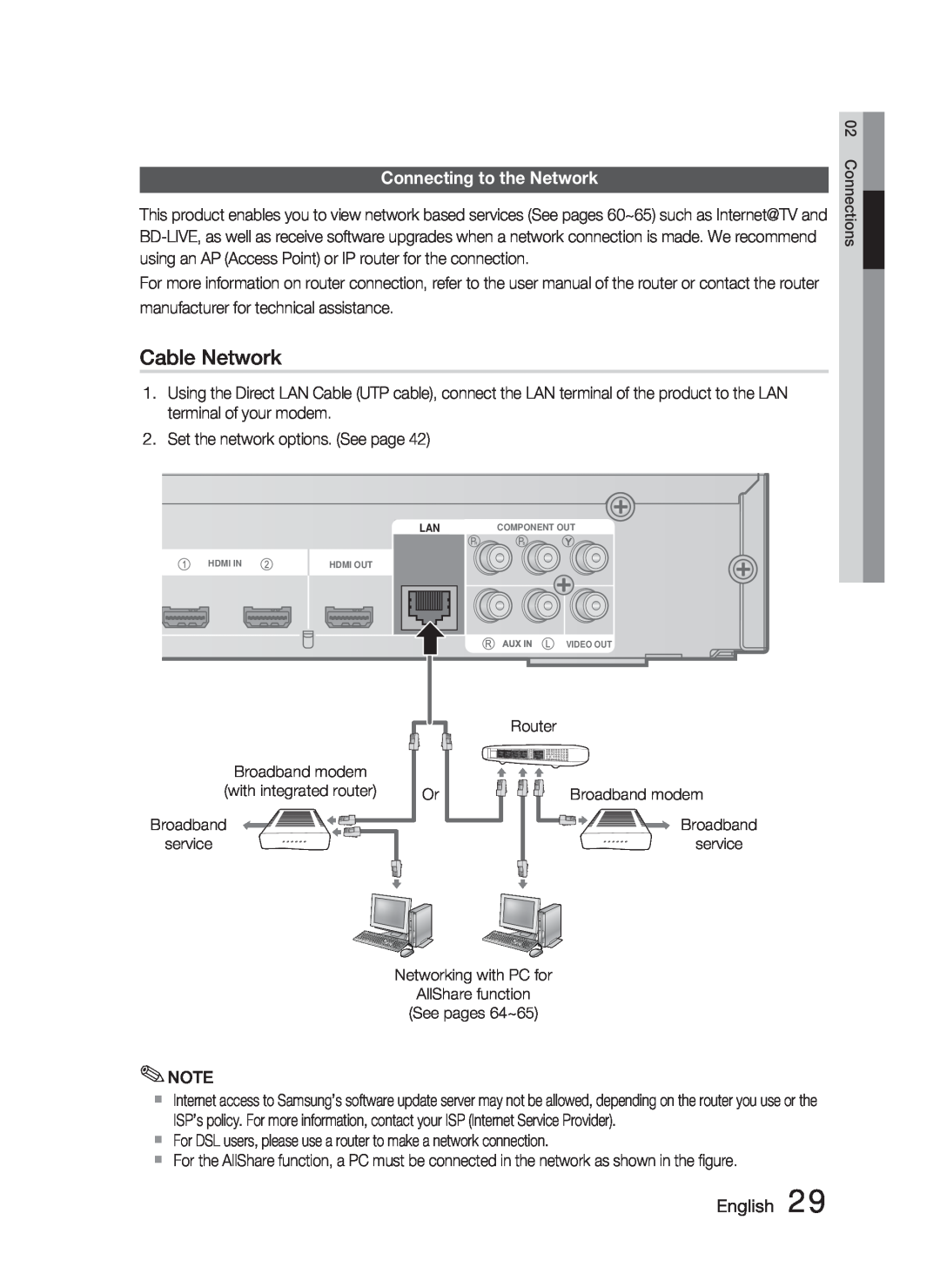 Samsung AH68-02279Y user manual Cable Network, Connecting to the Network, English 
