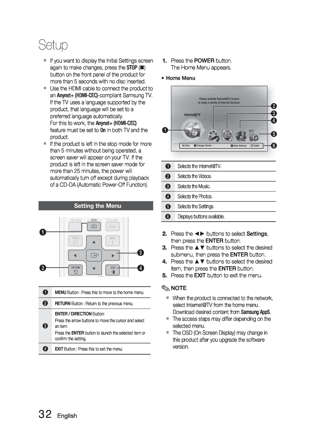 Samsung AH68-02279Y user manual Setting the Menu, English, Setup 