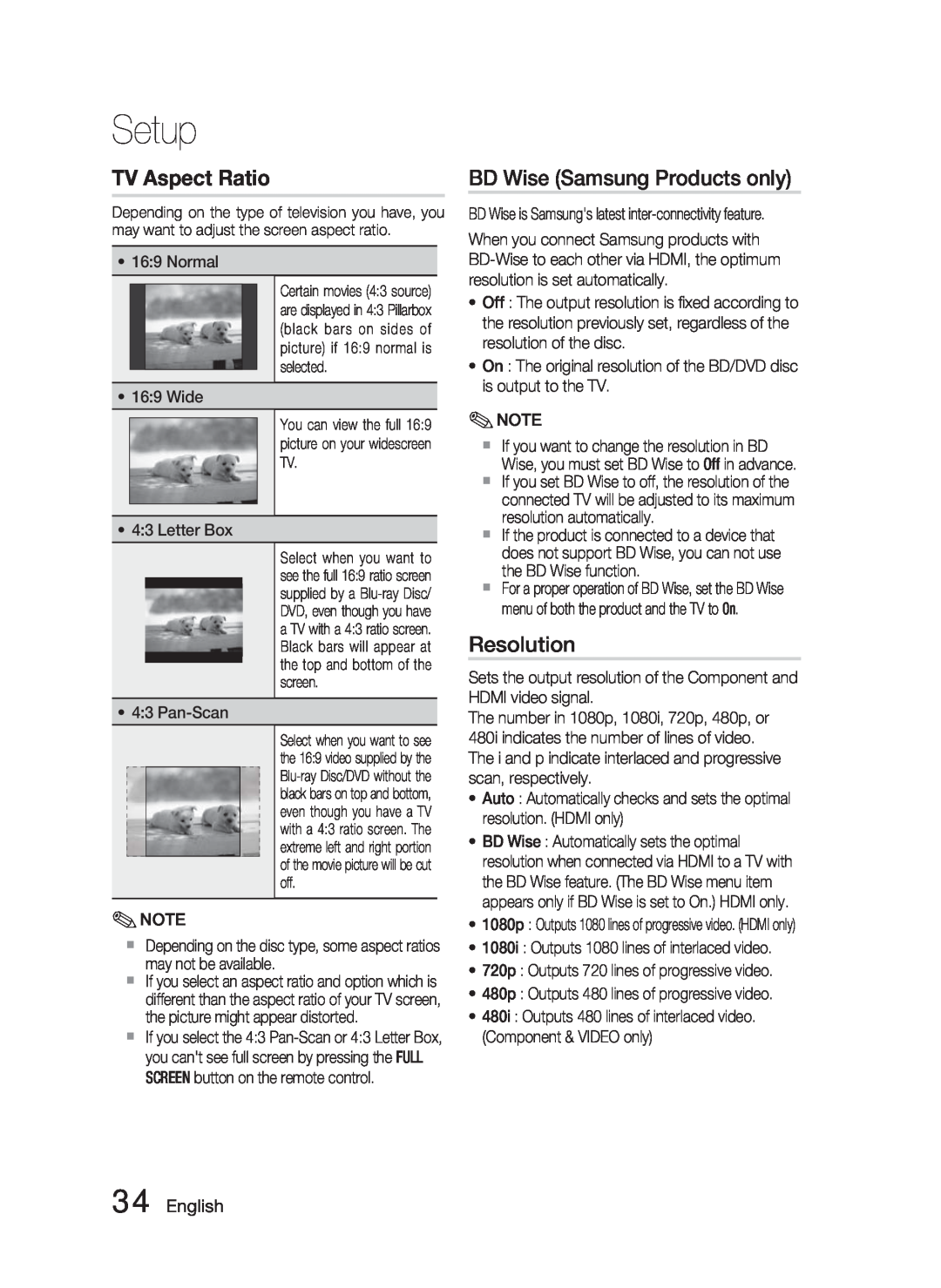 Samsung AH68-02279Y user manual TV Aspect Ratio, BD Wise Samsung Products only, Resolution, English, Setup 
