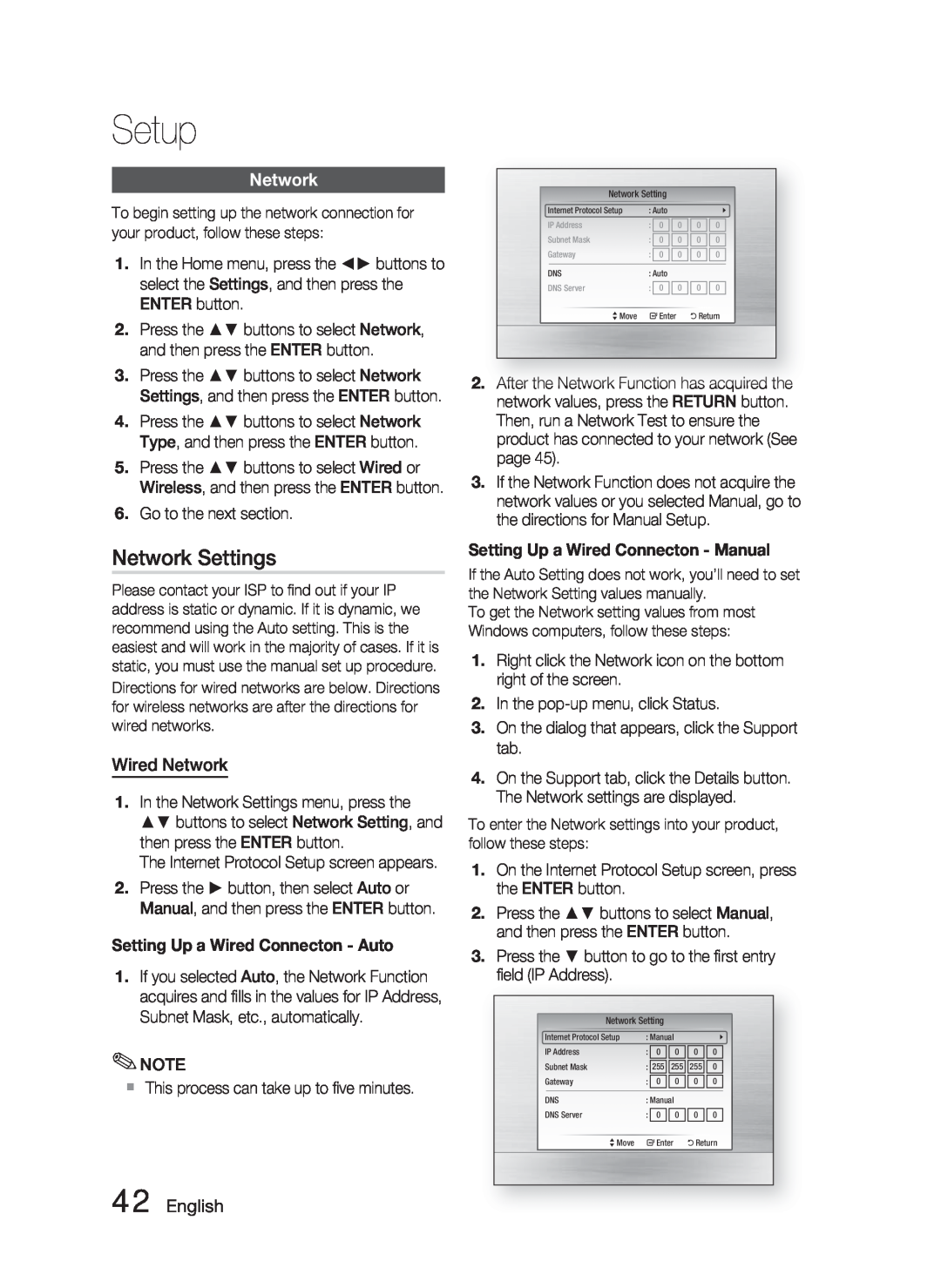 Samsung AH68-02279Y user manual Network Settings, Wired Network, English, Setup 