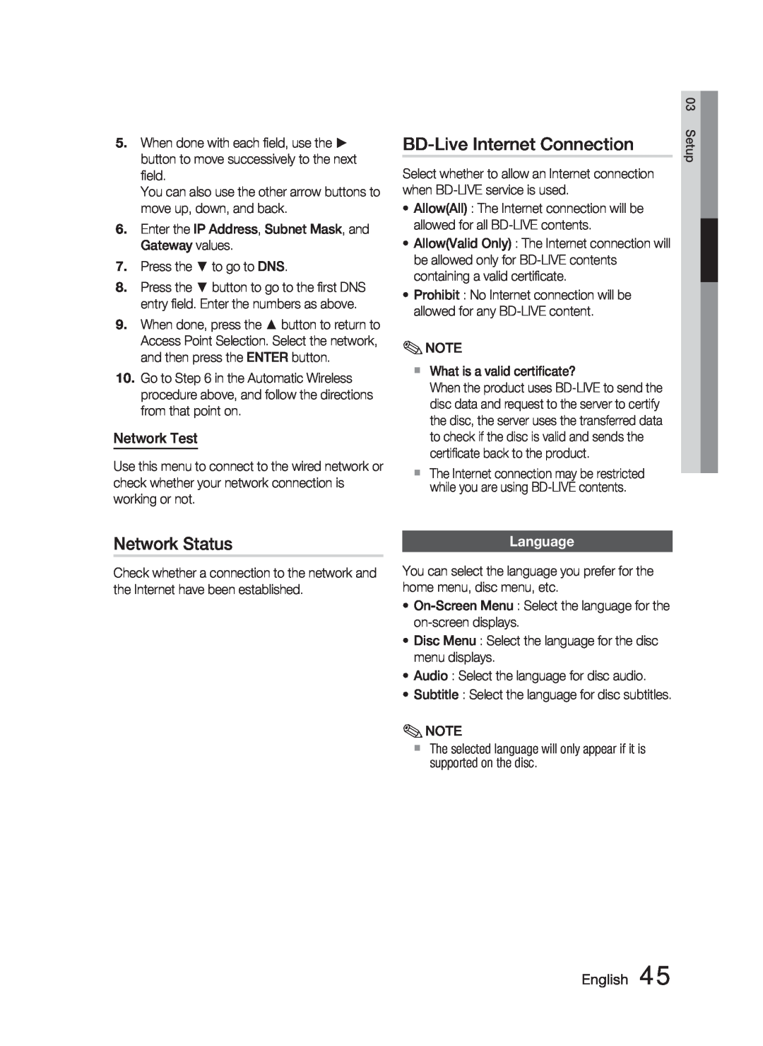 Samsung AH68-02279Y user manual BD-LiveInternet Connection, Network Status, Network Test, Language, English 