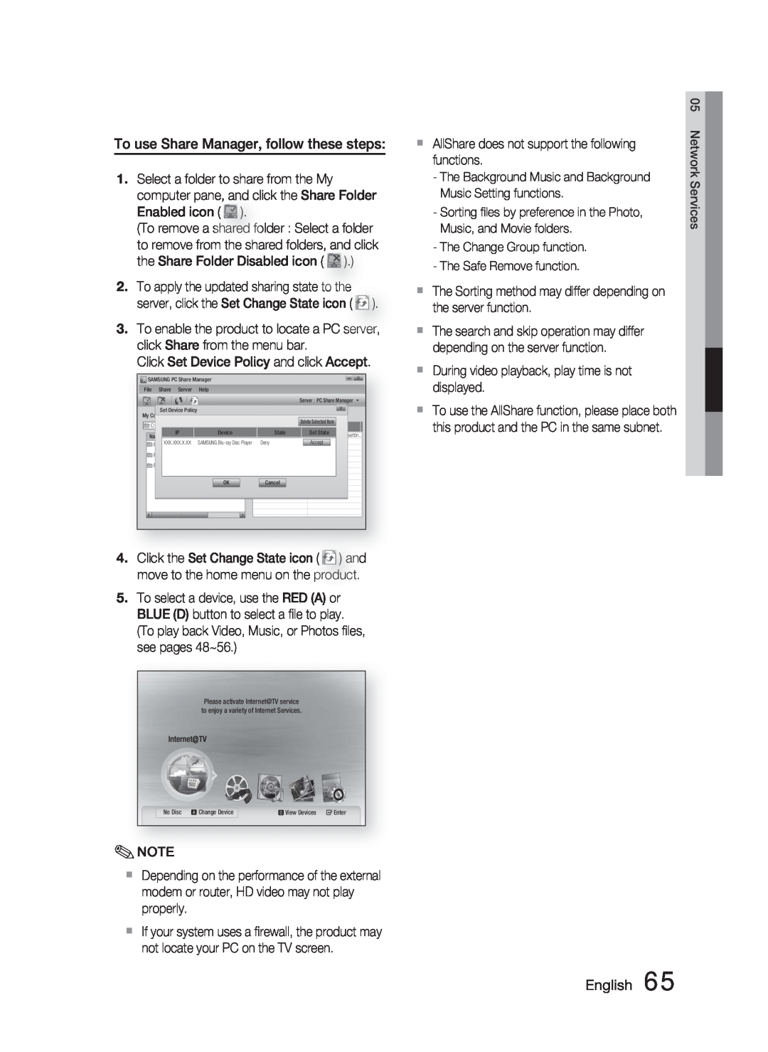 Samsung AH68-02279Y user manual To use Share Manager, follow these steps, English 