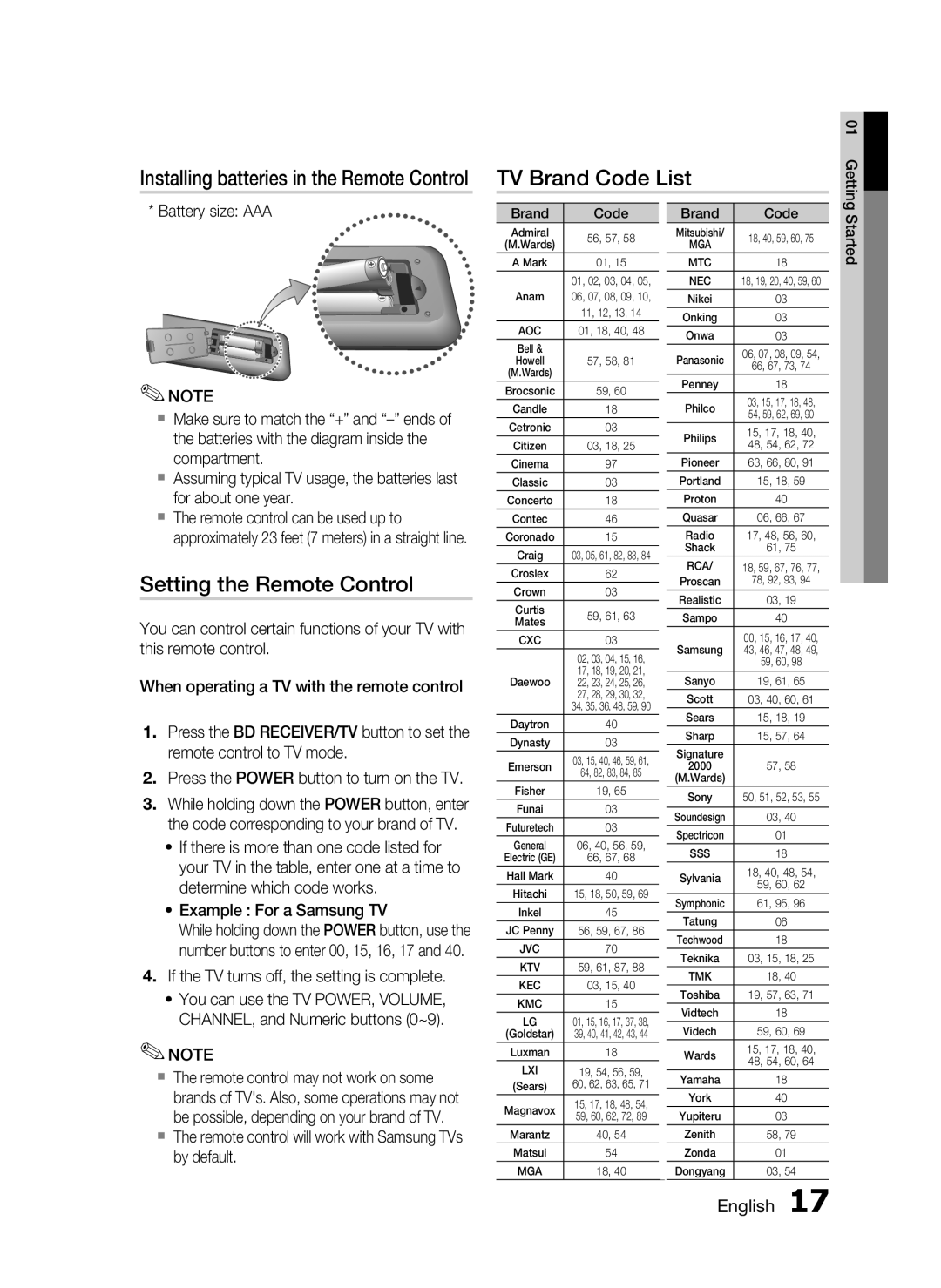 Samsung HT-C6730W TV Brand Code List, Setting the Remote Control, Installing batteries in the Remote Control, English 