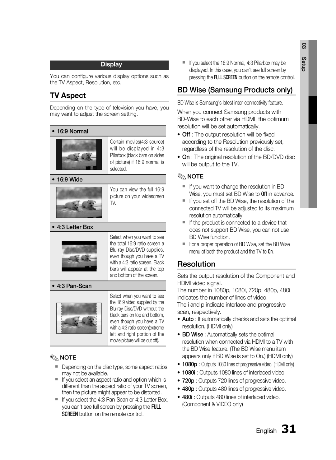 Samsung HT-C6730W, AH68-02290S user manual TV Aspect, BD Wise Samsung Products only, Resolution, Display, English 