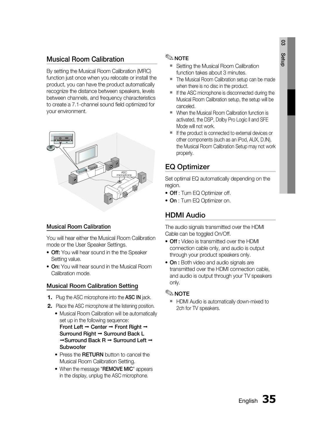 Samsung HT-C6730W, AH68-02290S user manual EQ Optimizer, HDMI Audio, Musical Room Calibration Setting, English 
