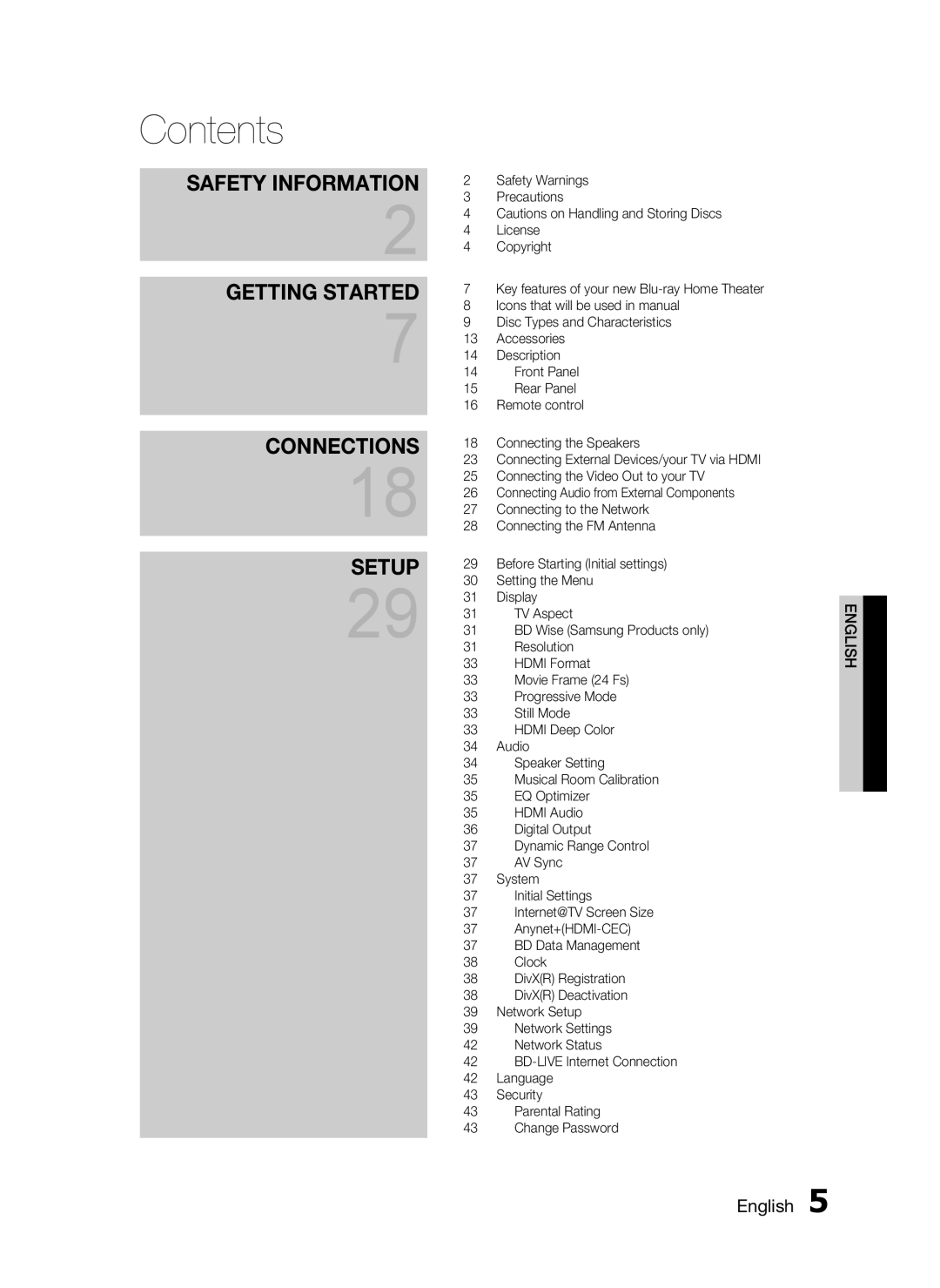 Samsung HT-C6730W, AH68-02290S user manual Contents, Getting Started, Connections, Setup, Safety Information, English 