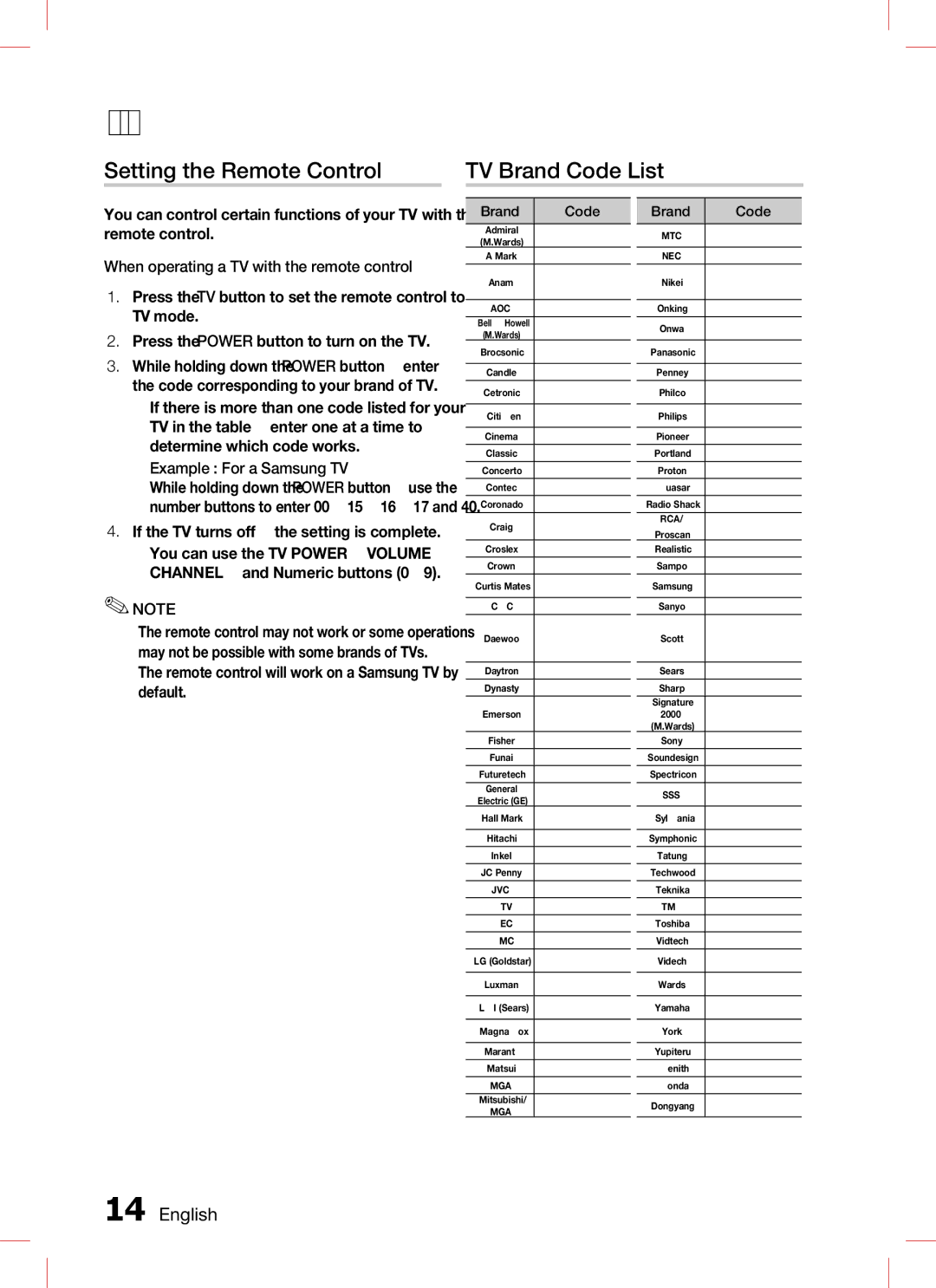 Samsung AH68-02293B, HT-C350 Setting the Remote Control TV Brand Code List, If the TV turns off, the setting is complete 