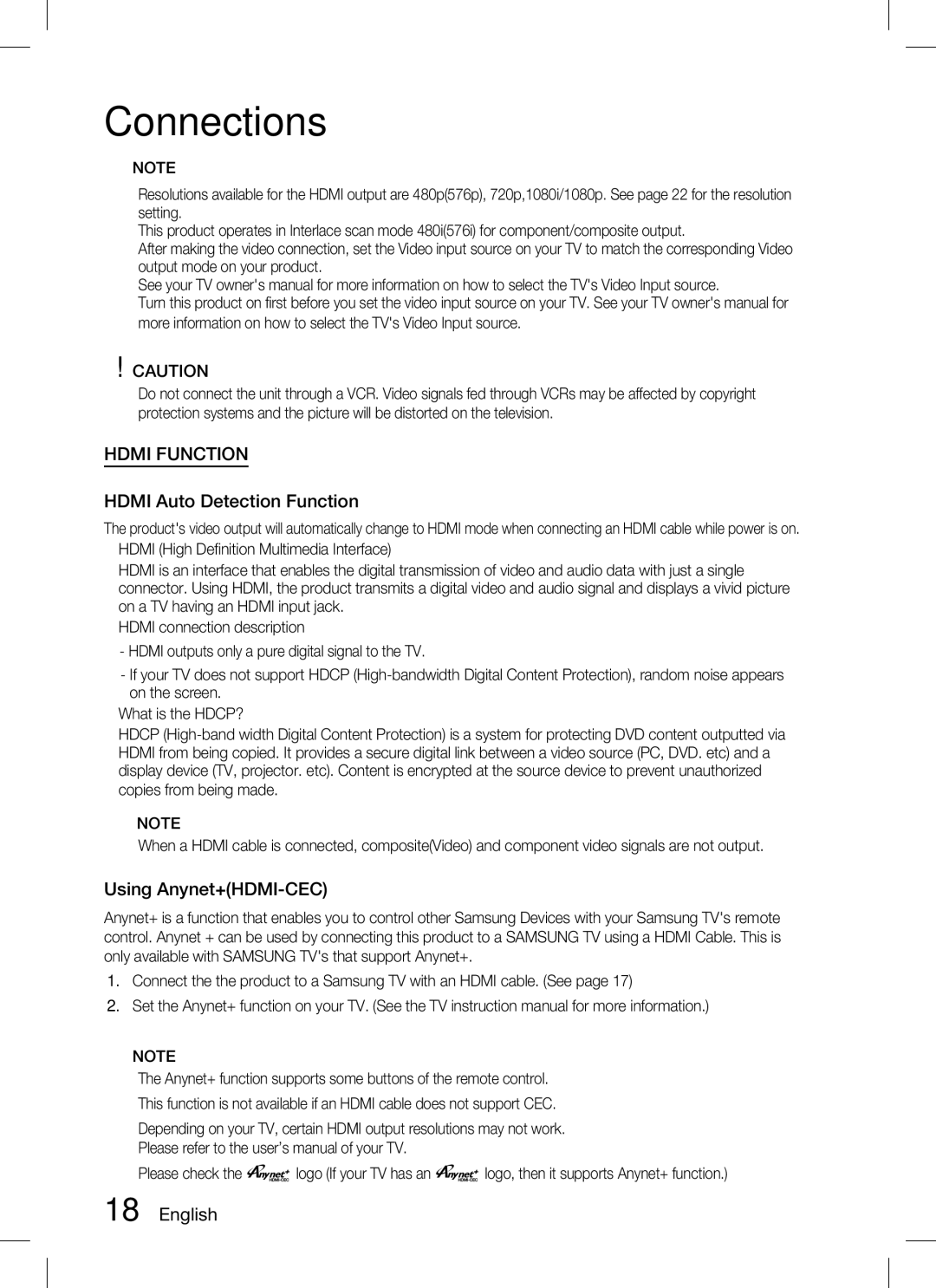 Samsung AH68-02293B, HT-C350 user manual Hdmi Auto Detection Function, Using Anynet+HDMI-CEC 