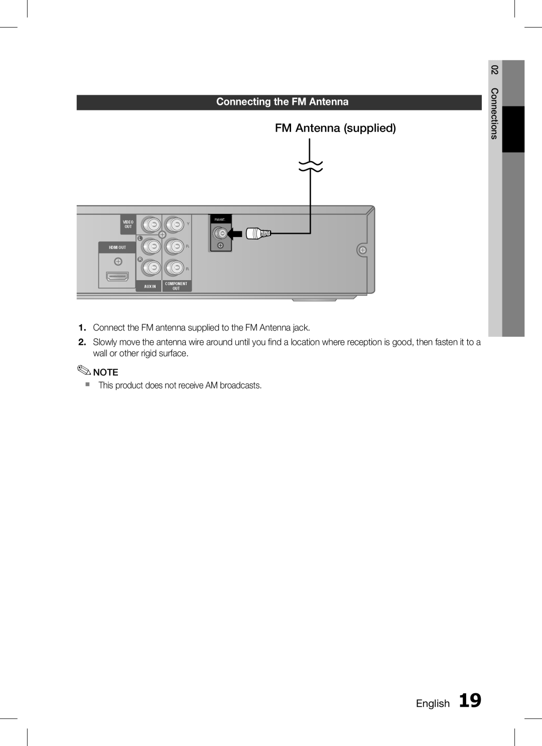 Samsung HT-C350, AH68-02293B user manual FM Antenna supplied, Connecting the fm Antenna 