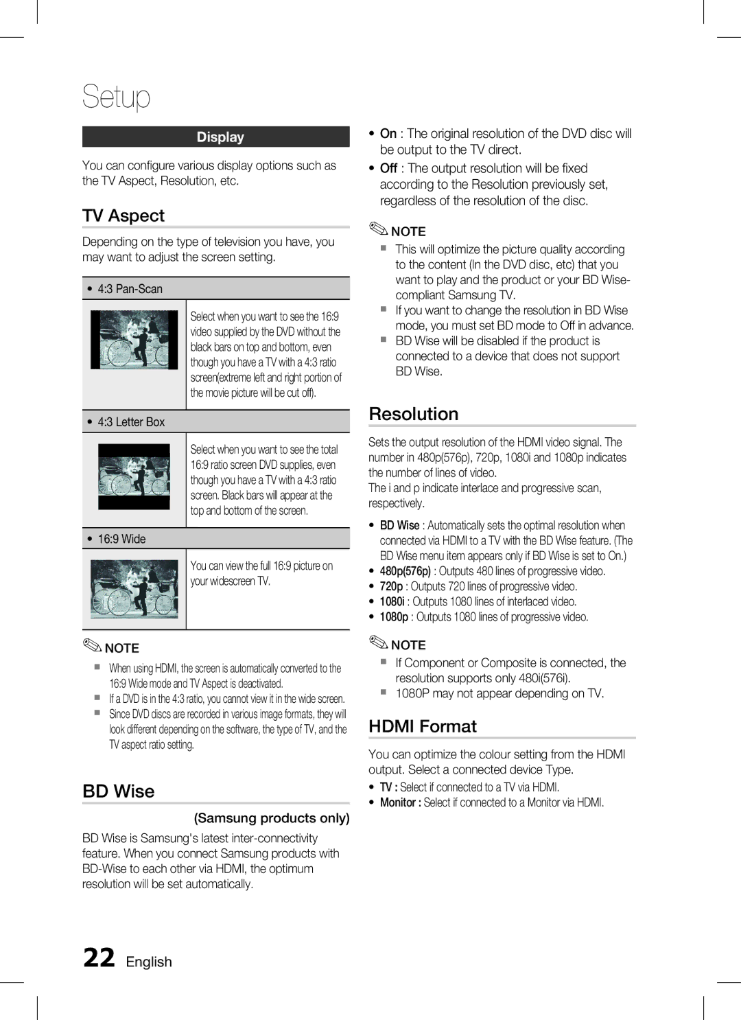 Samsung AH68-02293B, HT-C350 user manual TV Aspect, BD Wise, Resolution, Hdmi Format, Display 