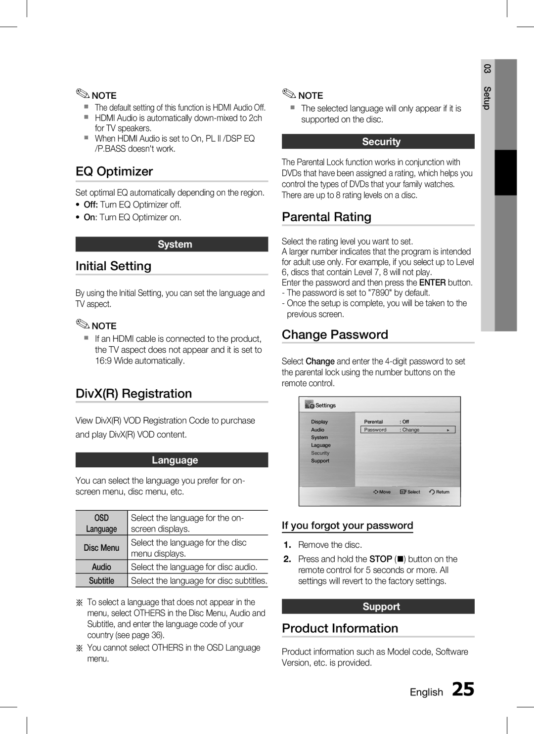 Samsung HT-C350 EQ Optimizer, Initial Setting, DivXR Registration, Parental Rating, Change Password, Product Information 