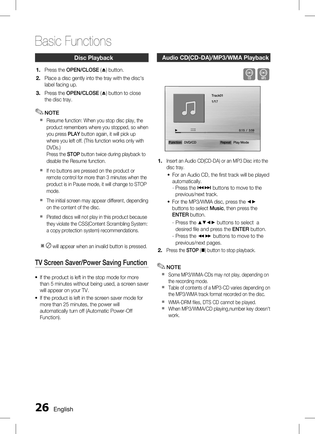 Samsung AH68-02293B Basic Functions, TV Screen Saver/Power Saving Function, Disc Playback, Audio CDCD-DA/MP3/WMA Playback 