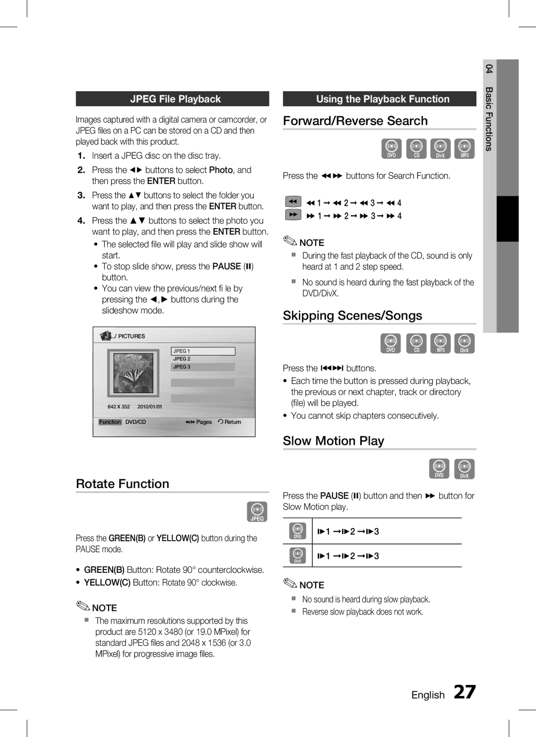 Samsung HT-C350, AH68-02293B user manual Forward/Reverse Search, Skipping Scenes/Songs, Slow Motion Play, Rotate Function 