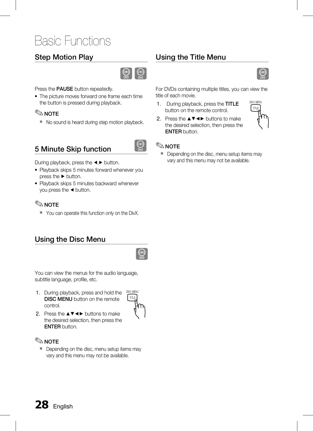 Samsung AH68-02293B, HT-C350 user manual Step Motion Play, Minute Skip function, Using the Title Menu, Using the Disc Menu 