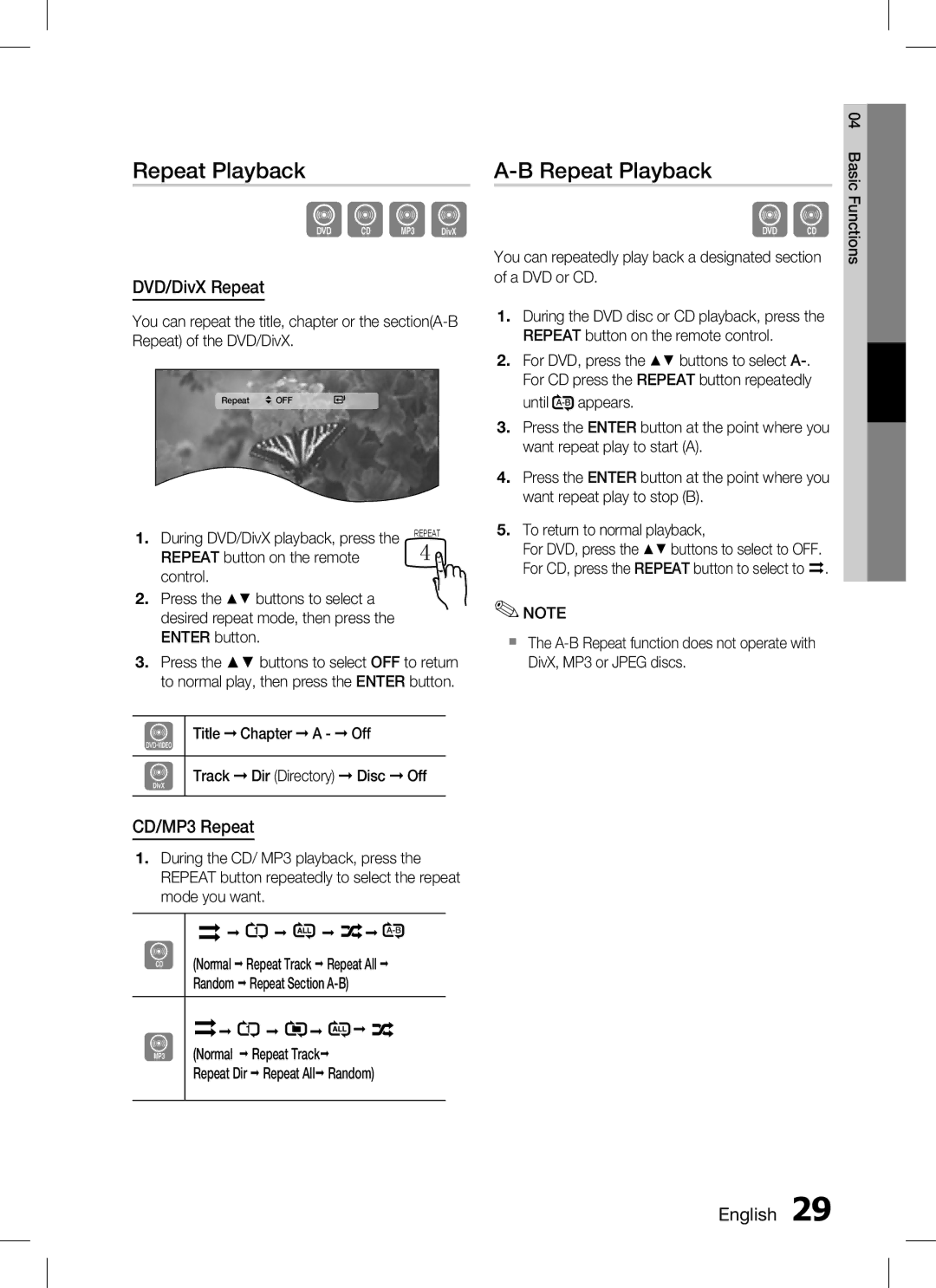 Samsung HT-C350, AH68-02293B user manual Repeat Playback, DVD/DivX Repeat, CD/MP3 Repeat, English  