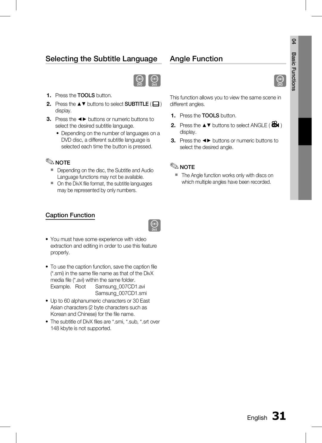 Samsung HT-C350, AH68-02293B user manual Selecting the Subtitle Language Angle Function, Caption Function, Samsung007CD1.smi 