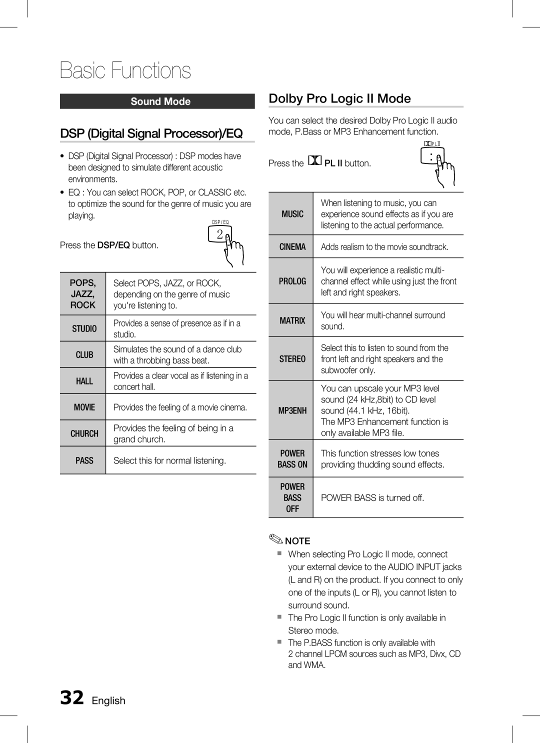 Samsung AH68-02293B, HT-C350 user manual DSP Digital Signal Processor/EQ, Dolby Pro Logic II Mode, Sound Mode, Pops, Rock 