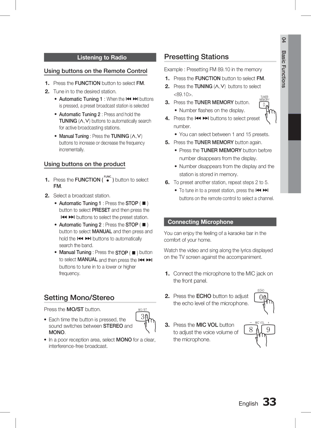 Samsung HT-C350, AH68-02293B user manual Setting Mono/Stereo, Presetting Stations, Listening to Radio, Connecting Microphone 