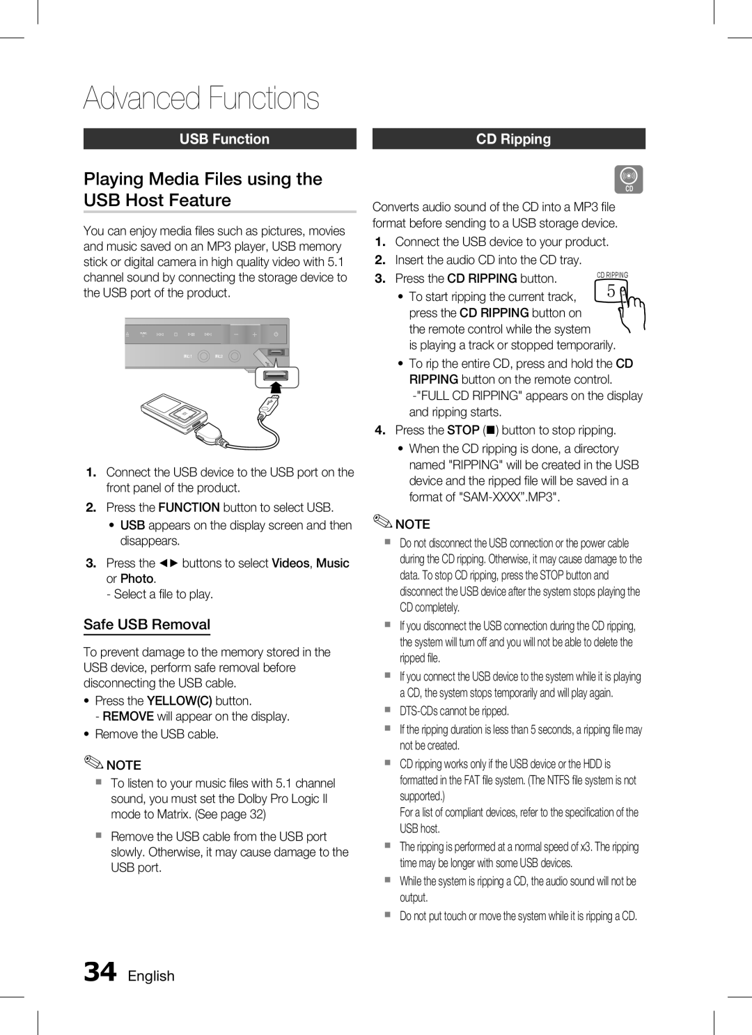 Samsung AH68-02293B Playing Media Files using the USB Host Feature, USB function, Safe USB Removal, CD ripping,  English 