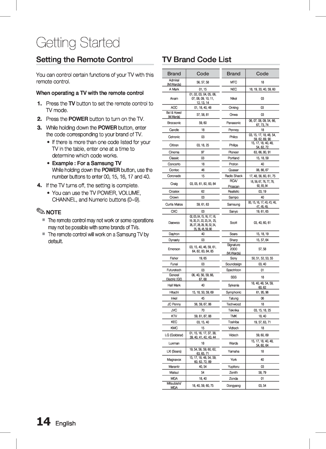 Samsung AH68-02293B, HT-C350 user manual Setting the Remote Control, TV Brand Code List, Getting Started, English 