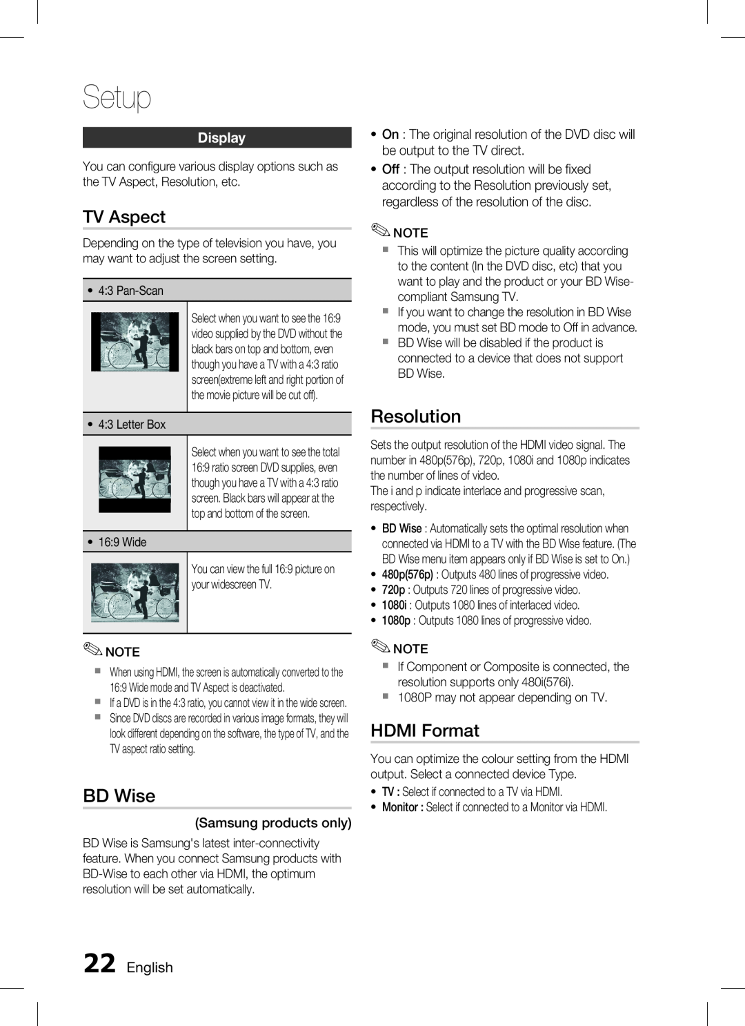 Samsung AH68-02293B, HT-C350 user manual TV Aspect, BD Wise, Resolution, HDMI Format, Display, Setup 
