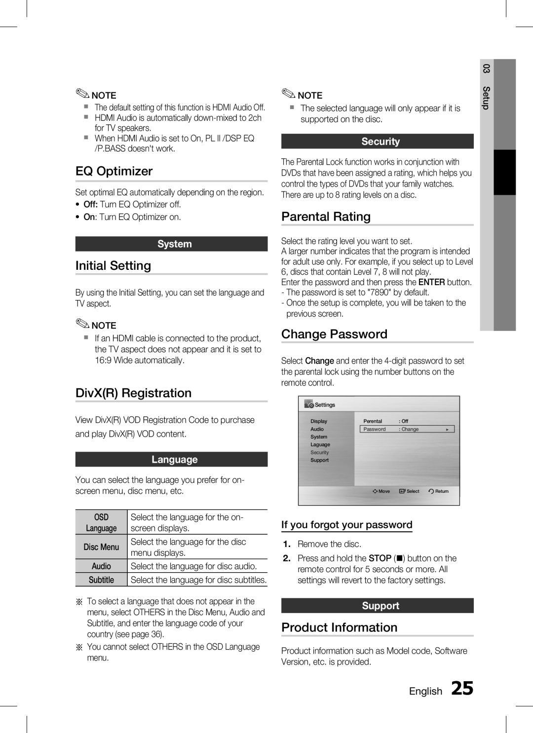 Samsung HT-C350 EQ Optimizer, Initial Setting, DivXR Registration, Parental Rating, Change Password, Product Information 